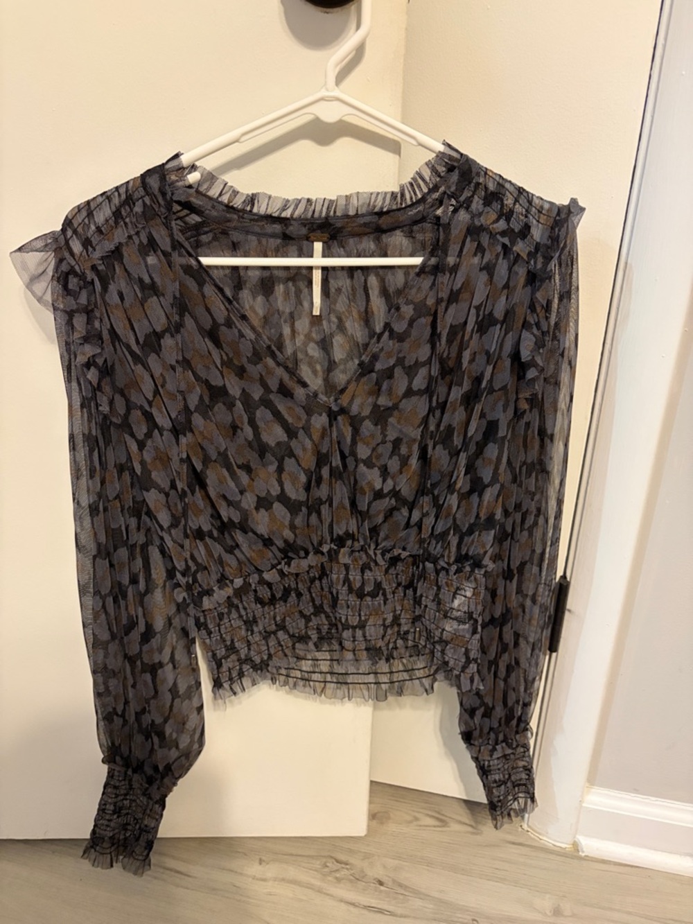 Free People Sheer Floral-Print V-Neck Blouse in Gray and Brown